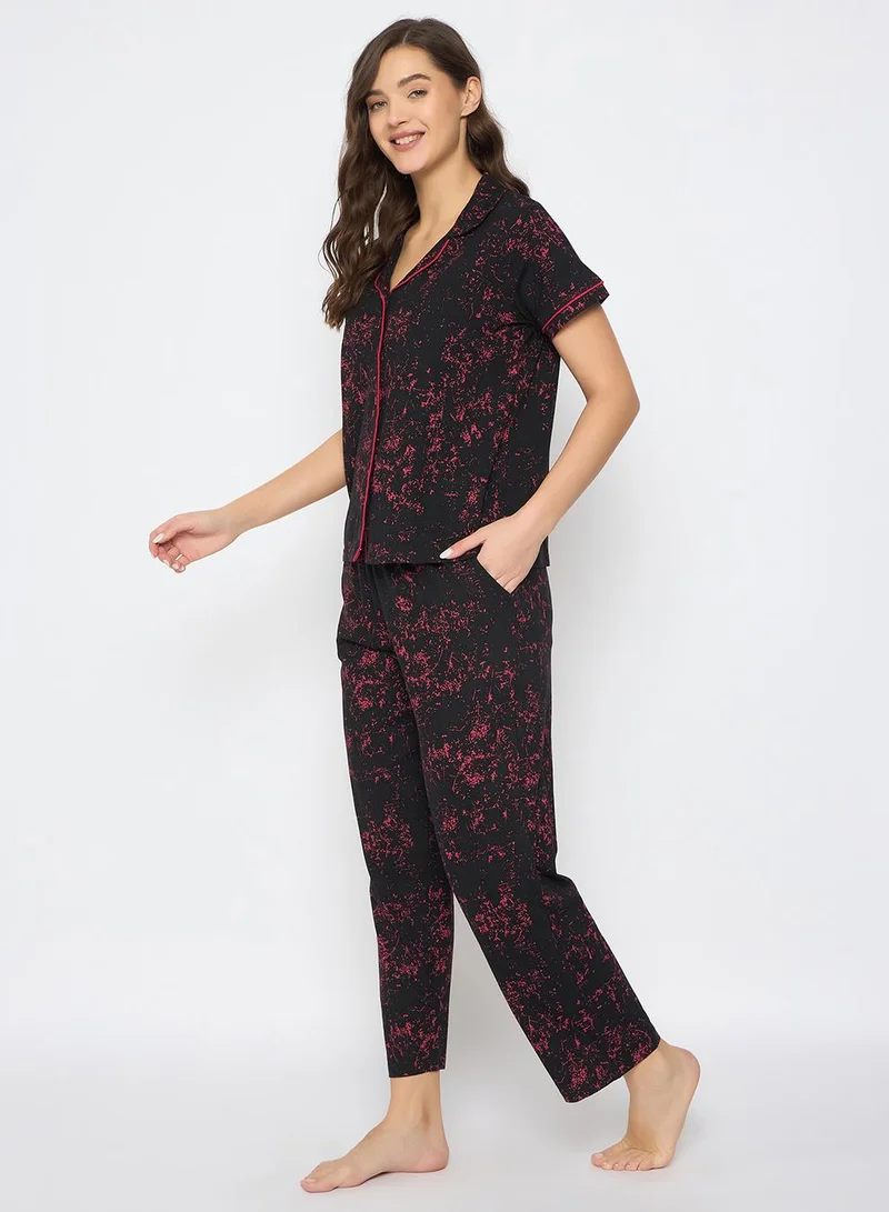 Clovia Black Printed Button Down Night Suit in Black - 100% Cotton for Women | Best Price UAE